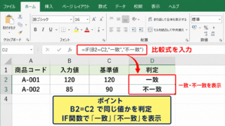 エクセルで一致・不一致を判定する基本式