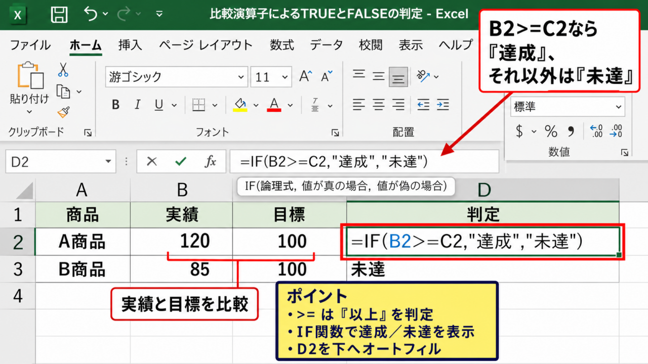 エクセルで数値を比較する基本の数式