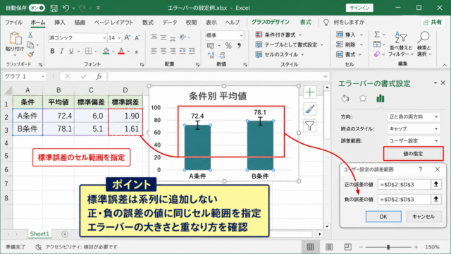 Excelで標準誤差をエラーバーに設定する方法