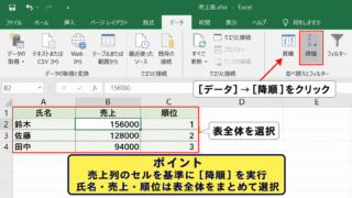 エクセルで順位順に並べ替える方法【降順の並べ替え】