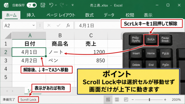 エクセルで上下スクロールできないときの直し方【Scroll Lockの解除】