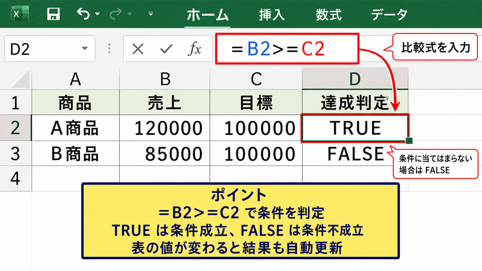 エクセルでTRUEとFALSEを判定する方法