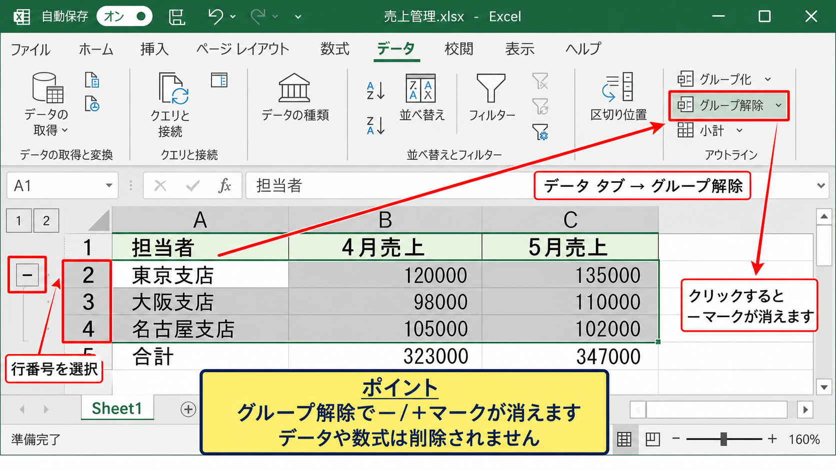 エクセルで－マークを消す手順【アウトラインの解除】