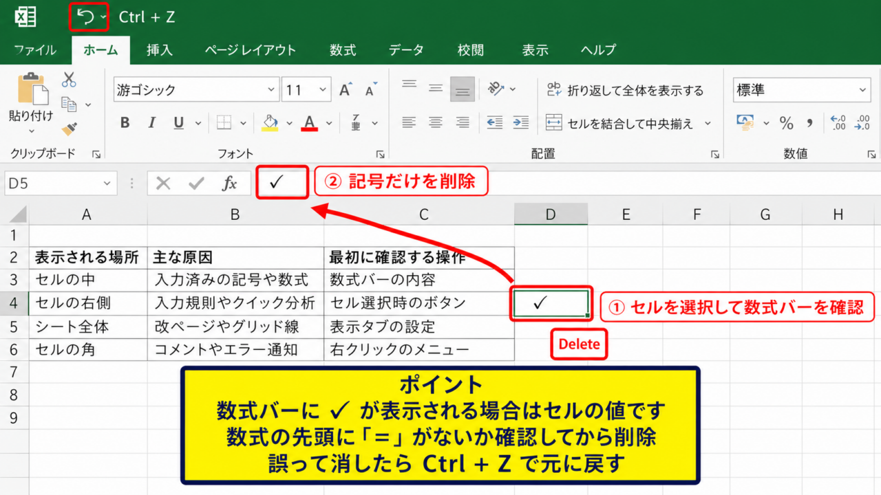 エクセルの不要なマークを消す基本操作