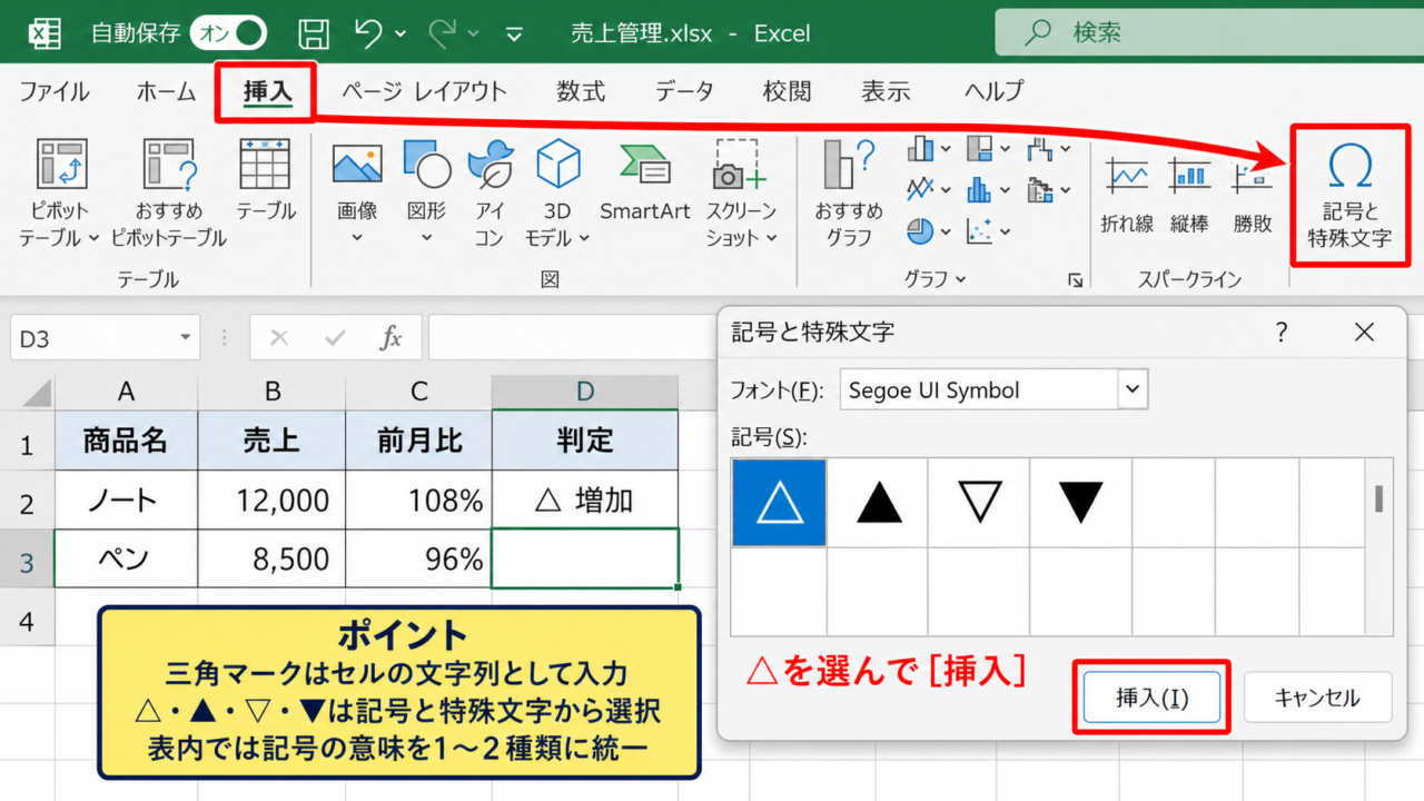 エクセルで三角マークをセルに入力する方法【記号の挿入】