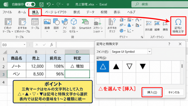 エクセルで三角マークをセルに入力する方法【記号の挿入】