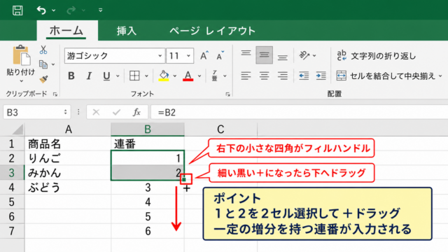 エクセルの＋ドラッグによる連続入力とコピー