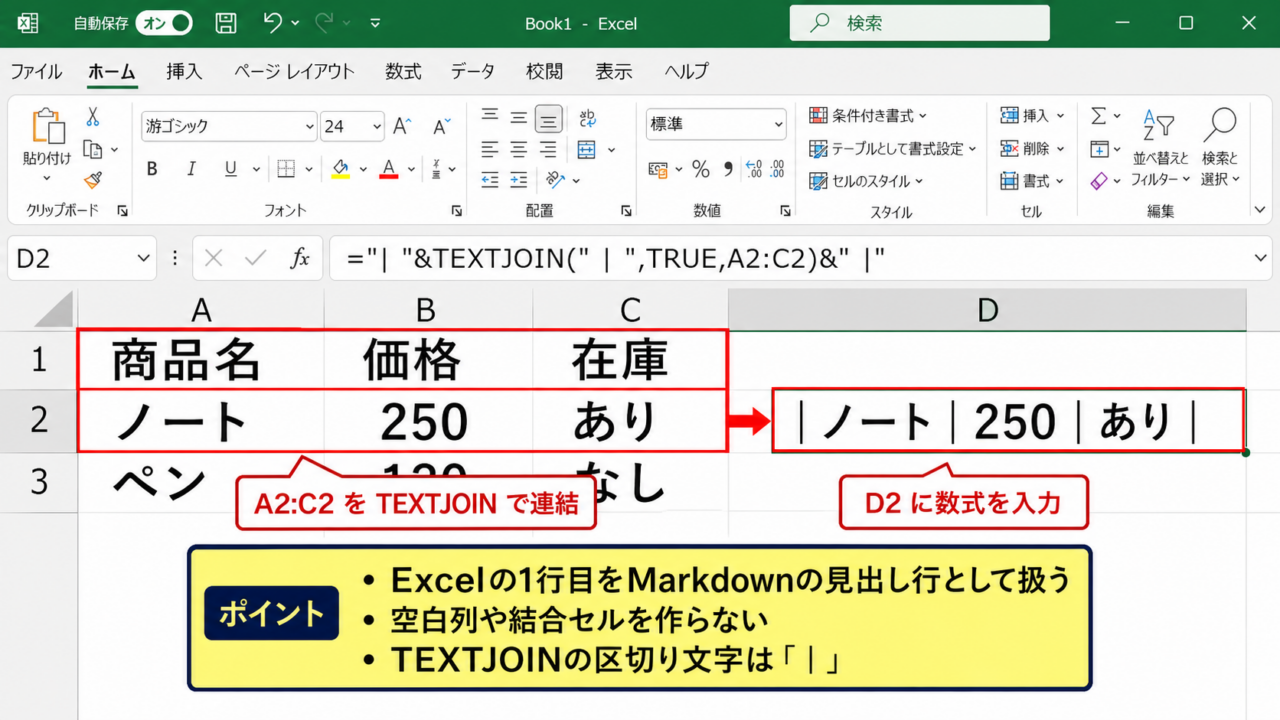 エクセルをマークダウンに変換する方法1【TEXTJOIN関数で表記法を作成】