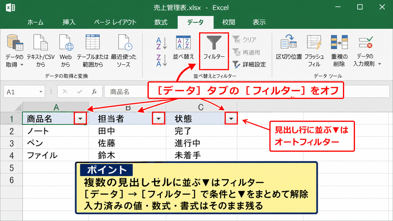 エクセルの逆三角マークを消す基本操作