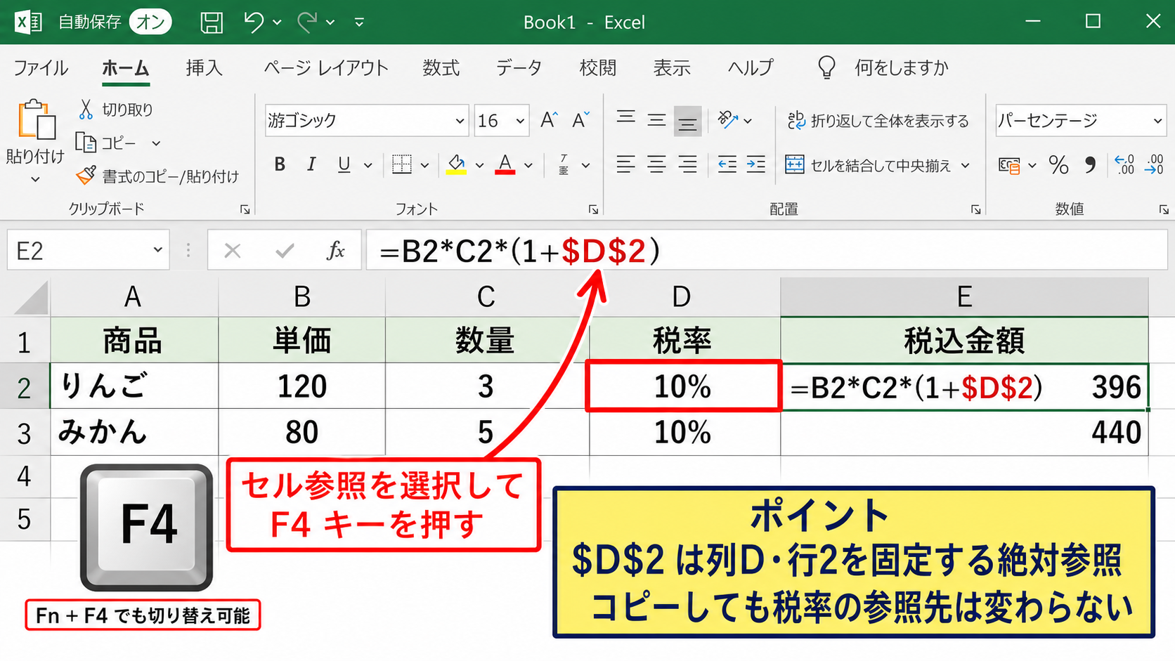 エクセルで絶対参照を設定する方法【F4キーで列や行を固定】