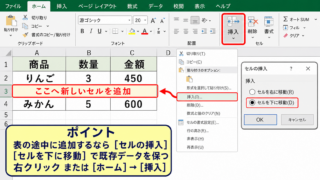 エクセルでセルを追加する＋ボタンと挿入操作