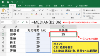 エクセルで中央値を求めるMEDIAN関数の入力手順