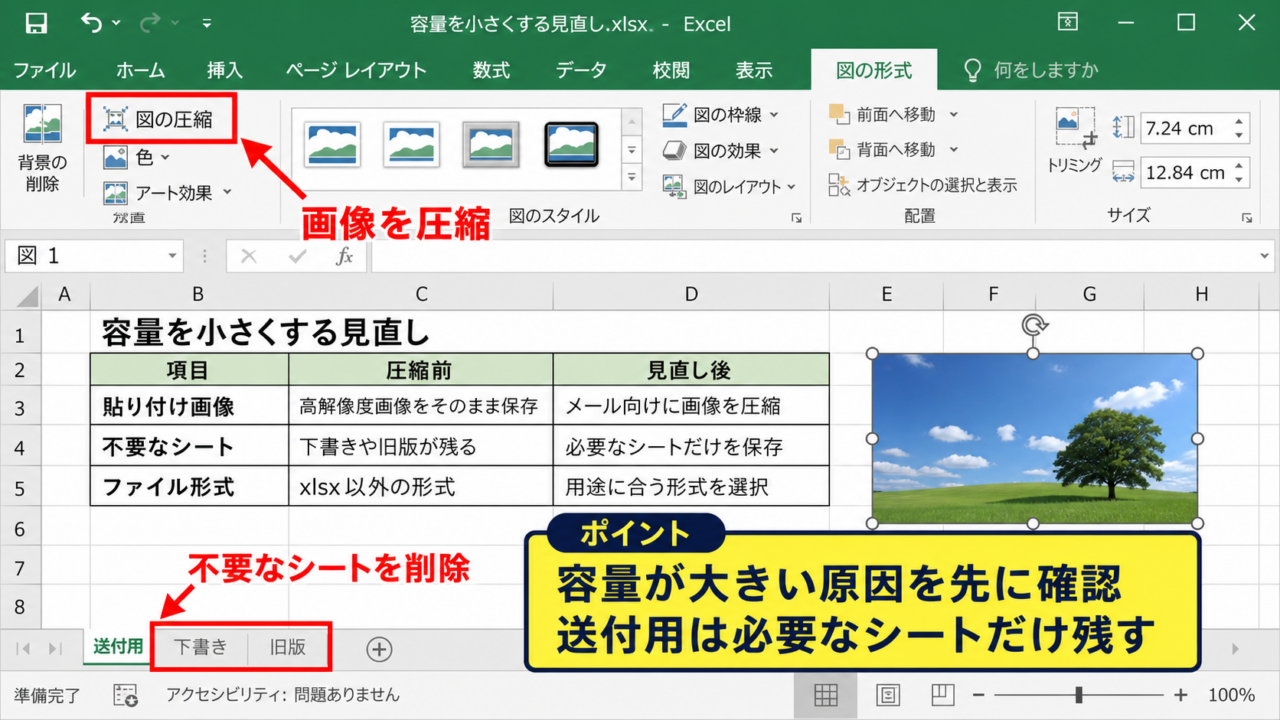 エクセルファイルを小さくする基本操作