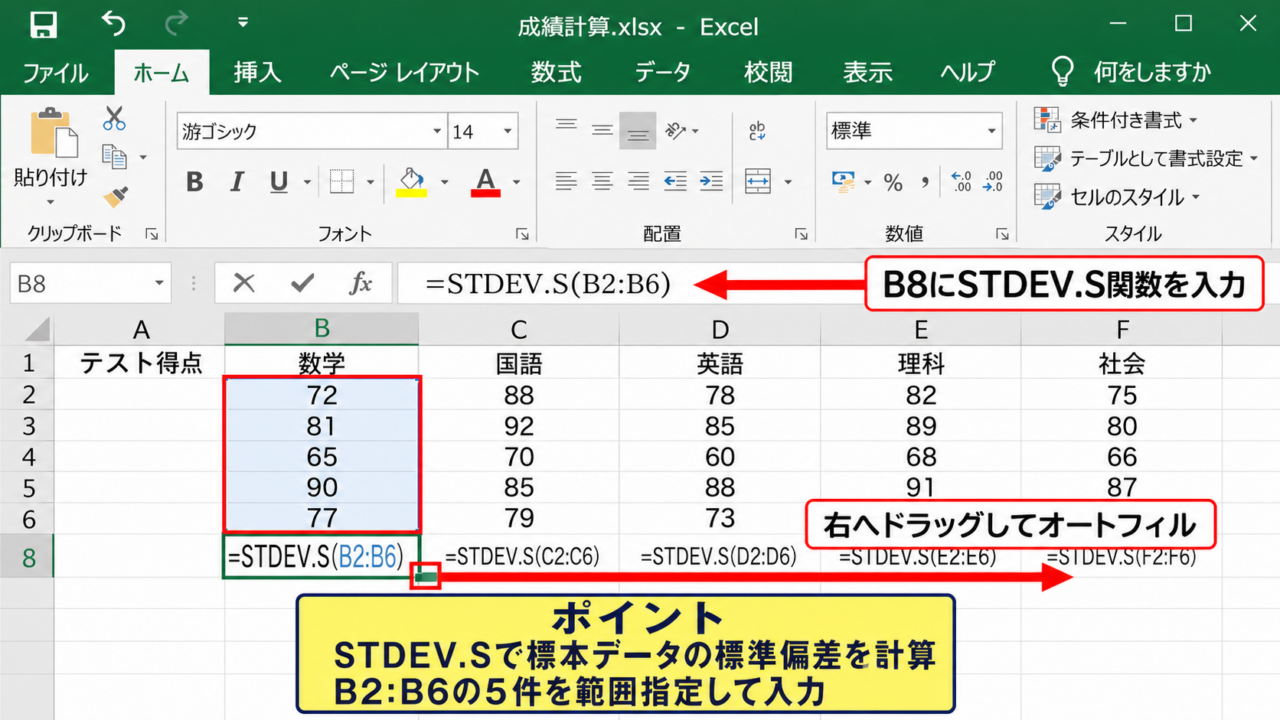 Excelで標準偏差を求めるSTDEV.S関数