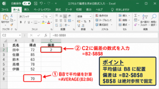 エクセルで偏差を求める数式入力