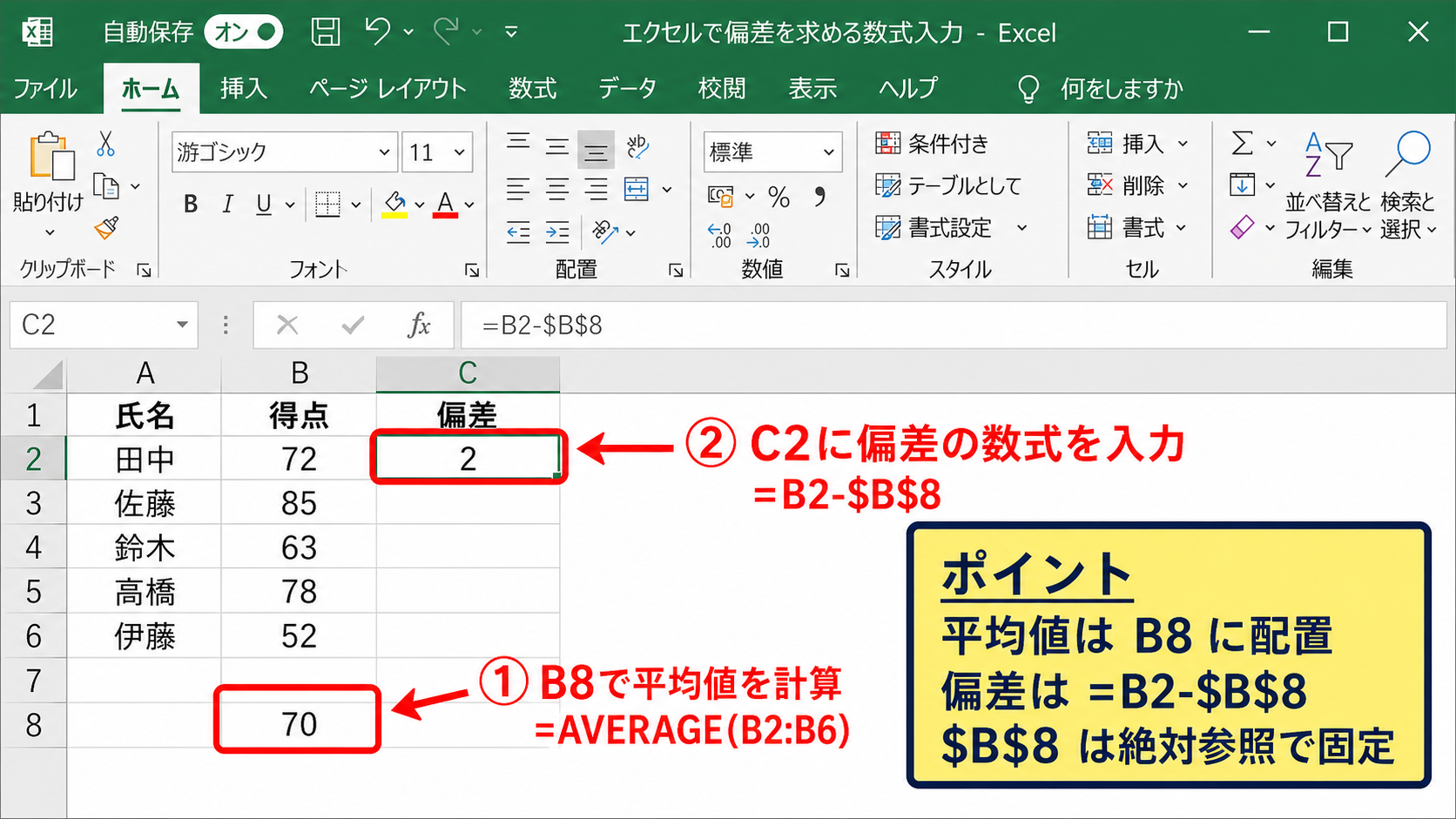 エクセルで偏差を求める数式入力