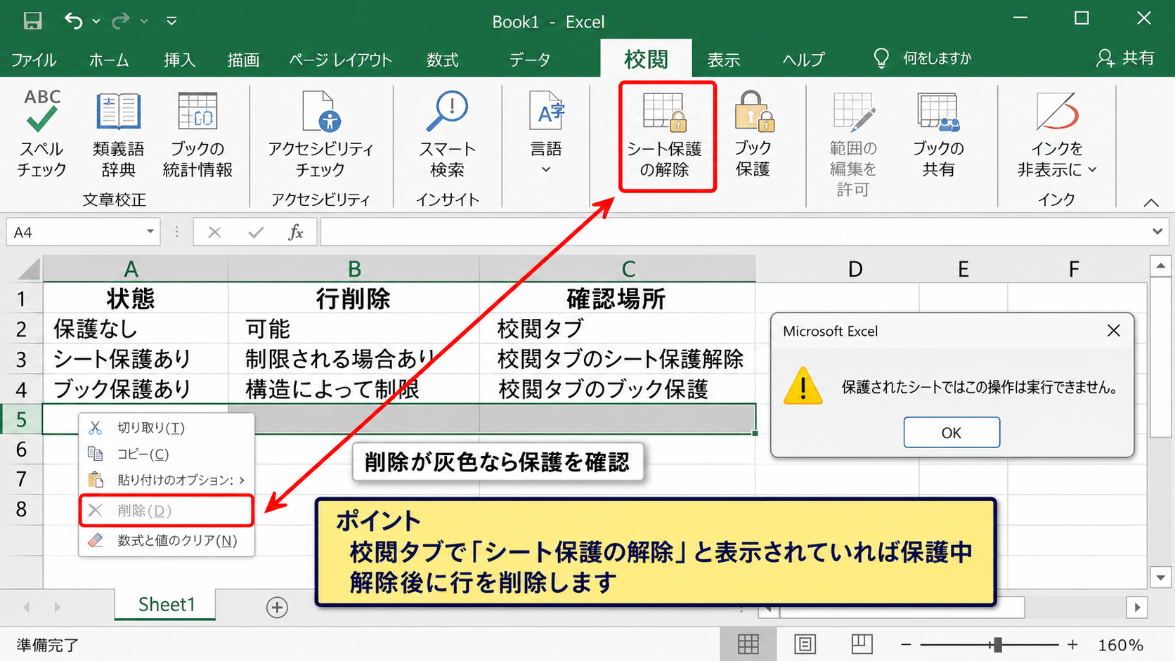 シート保護による削除制限