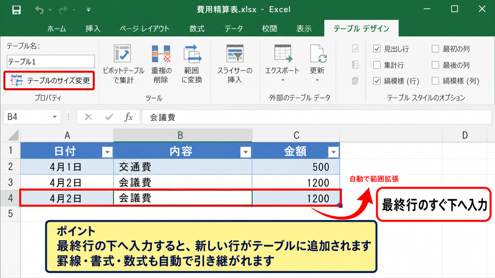 ＋ボタンで追加できるExcelテーブルの行