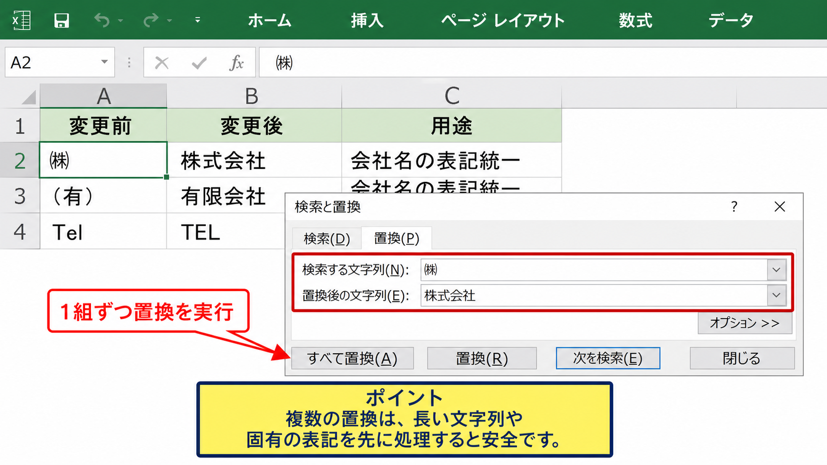 複数の文字を一括変更する方法