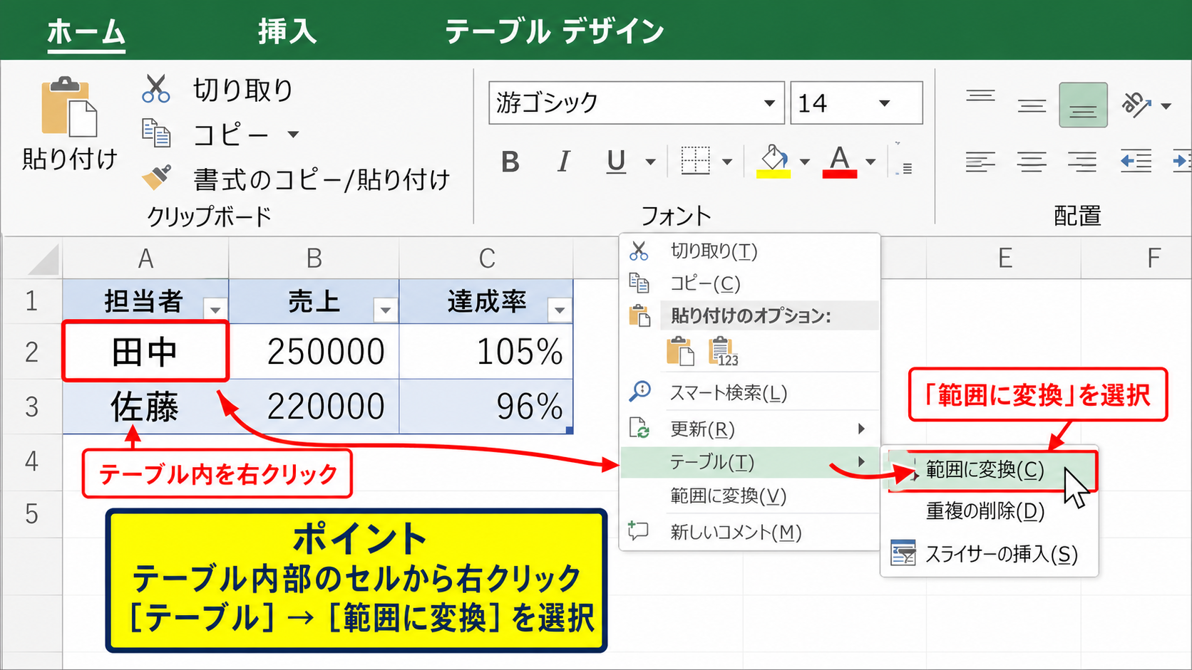 右クリックメニューによるテーブル解除