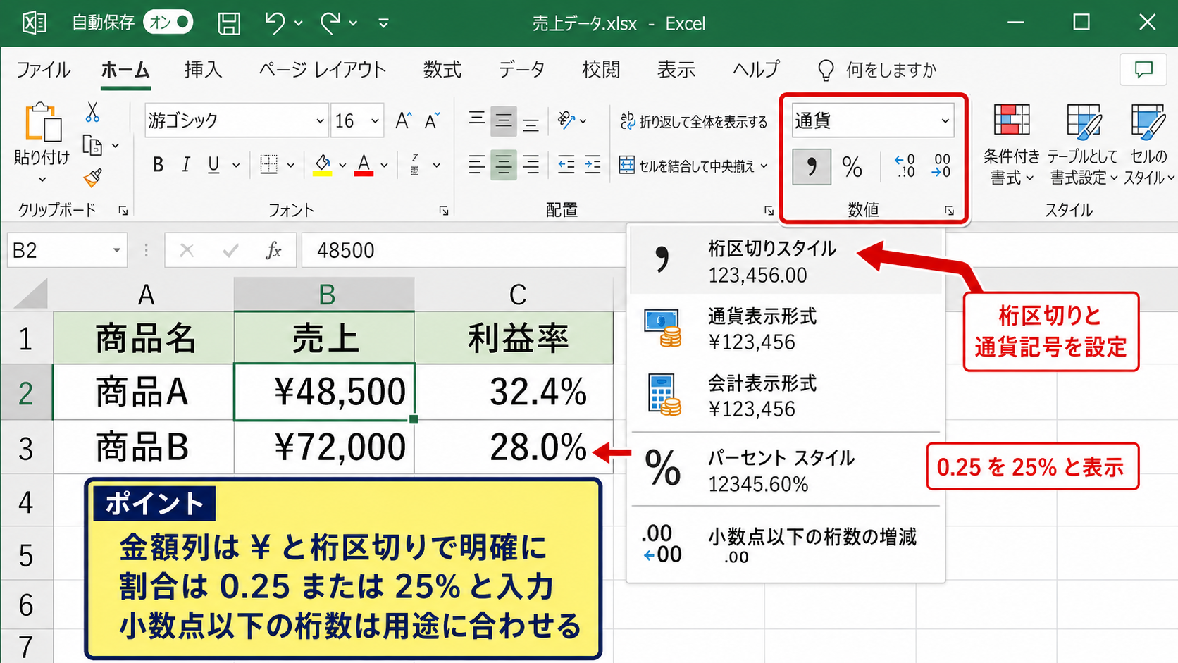 表示形式による数値と日付の整理