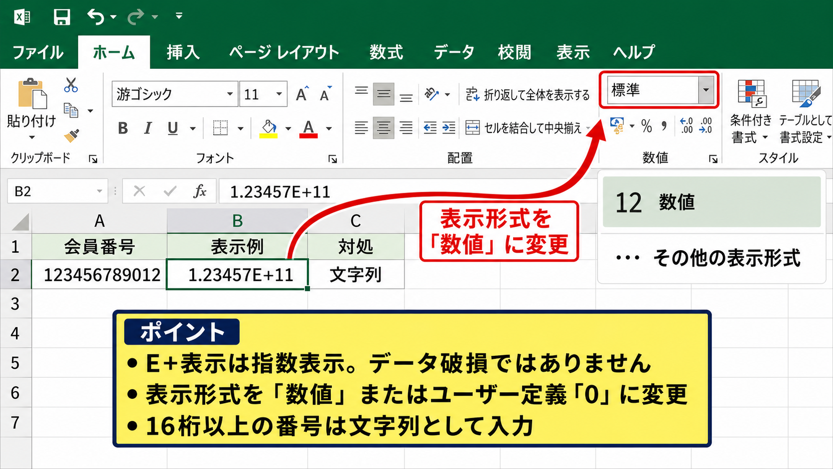 数字がE+表示になる原因と表示形式