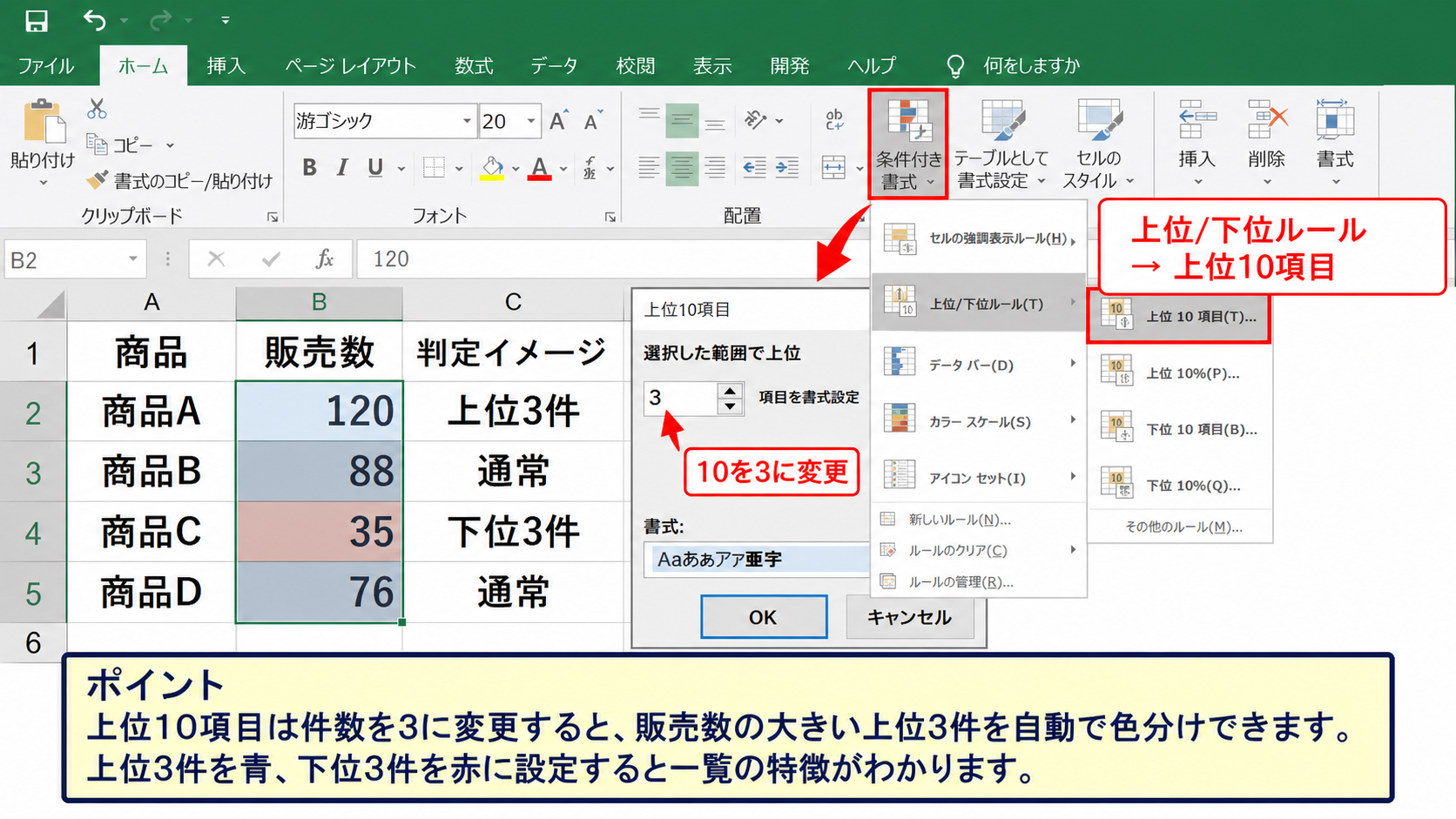 上位と下位を自動判定する条件付き書式