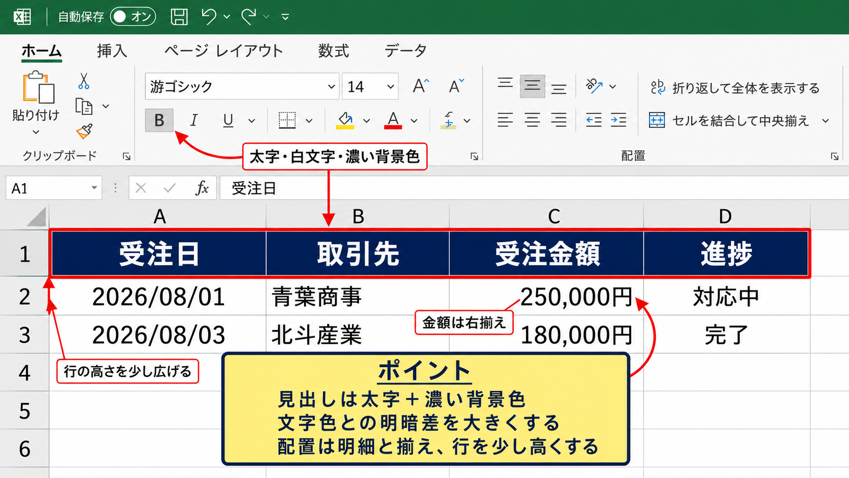 見出し行を目立たせる書式設定【フォント・配置・高さ】