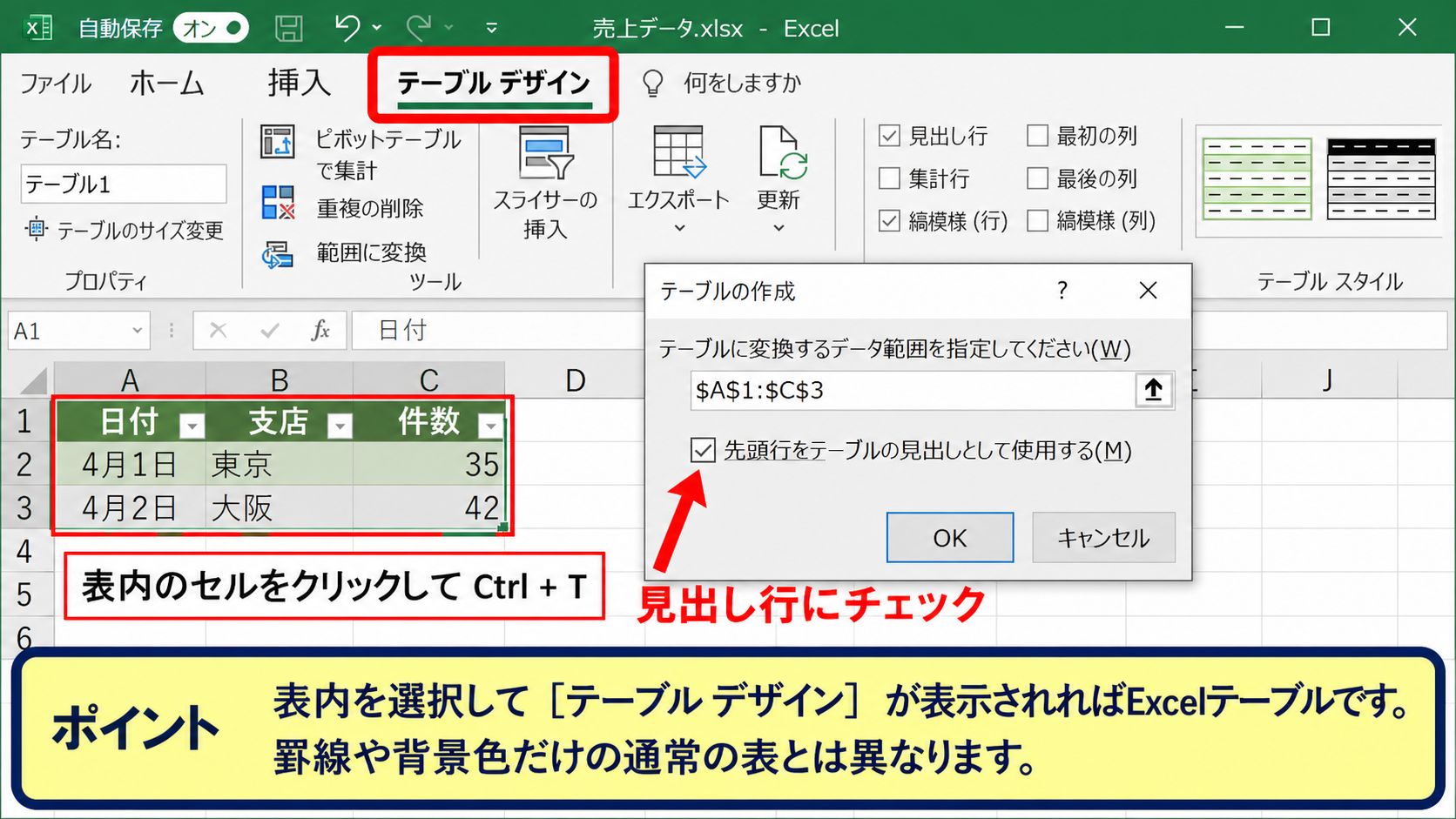 テーブルとして設定されているかの確認