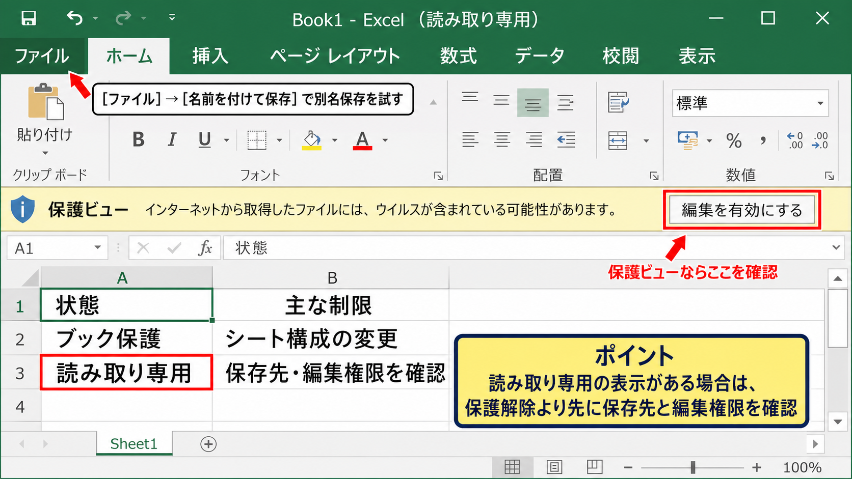 ブックの保護と読み取り専用の違い