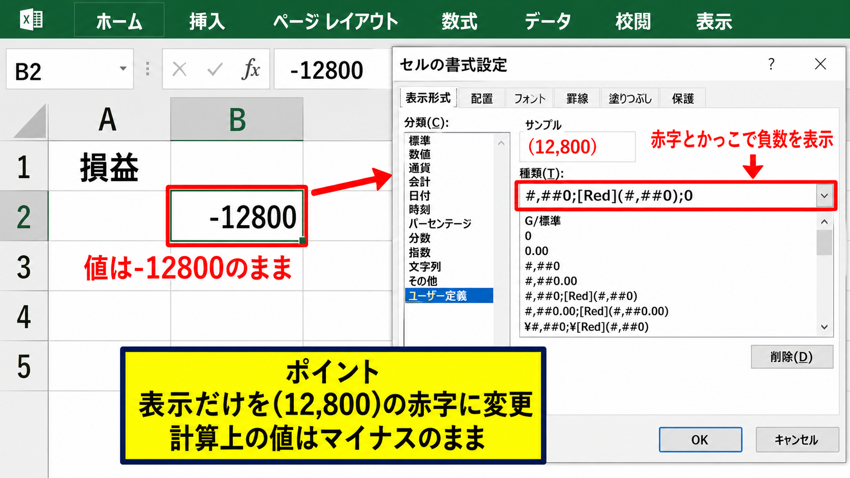かっこ表示と赤字のユーザー定義書式