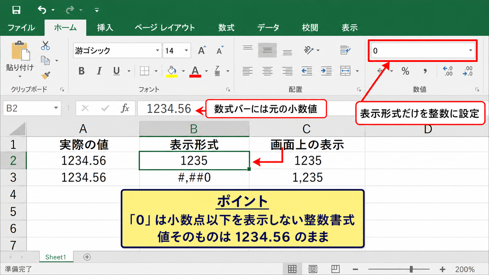 表示だけを整数にする書式設定の仕組み