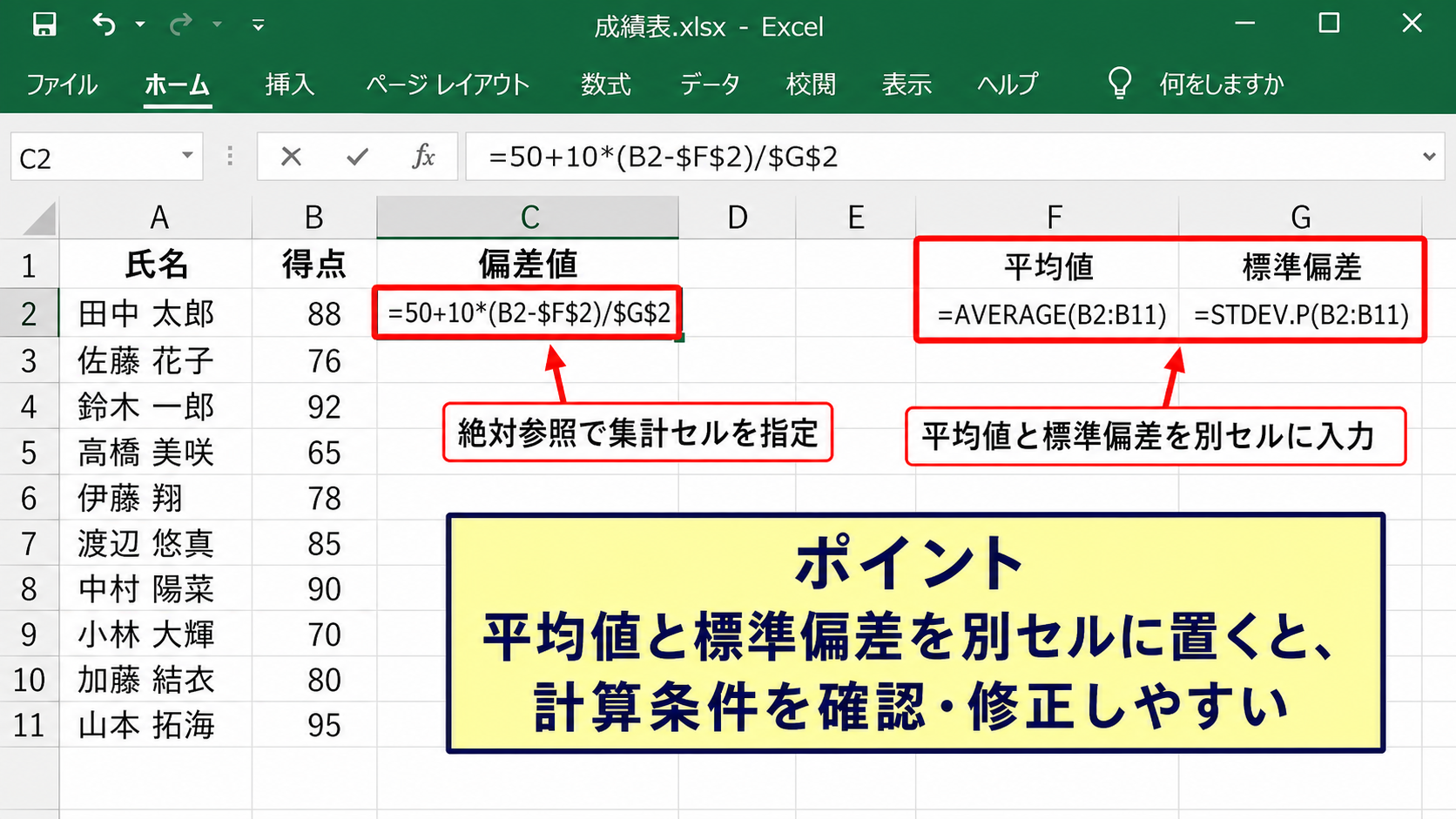 平均値と標準偏差を別セルに置く計算表