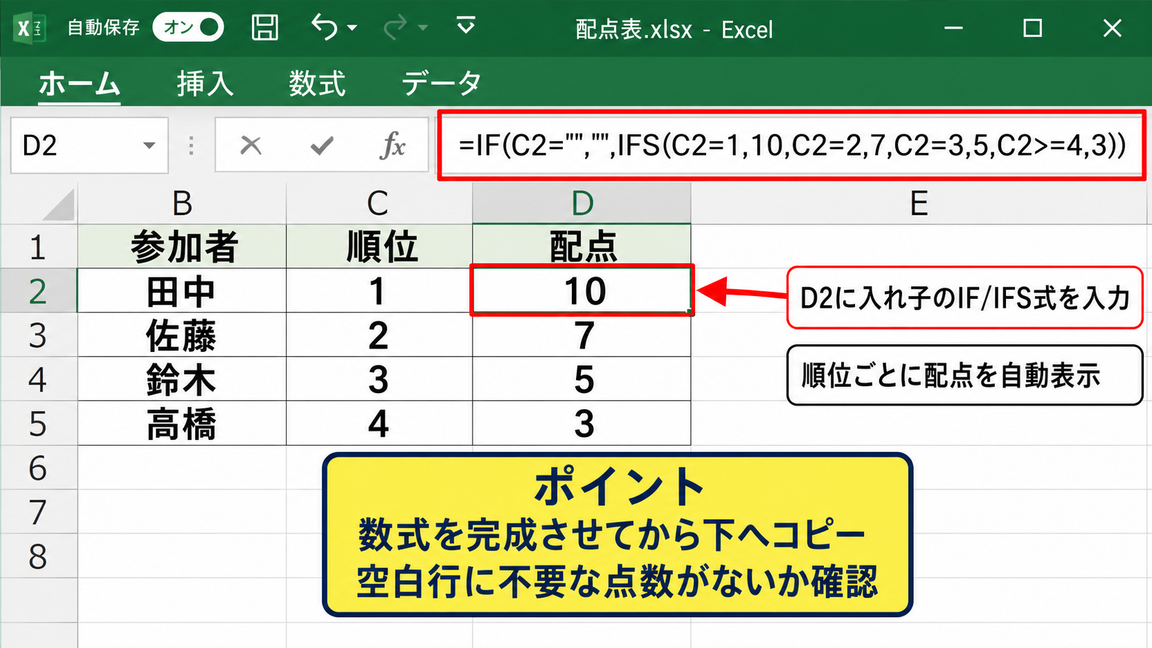 IF関数によるランキング別の配点設定