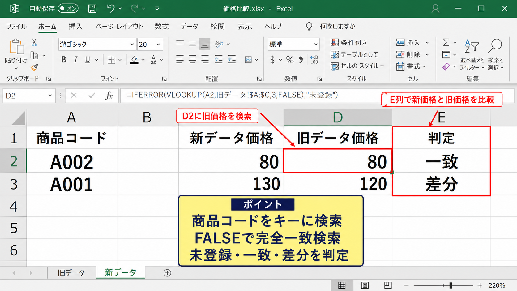 VLOOKUP関数による行順が異なるデータの比較