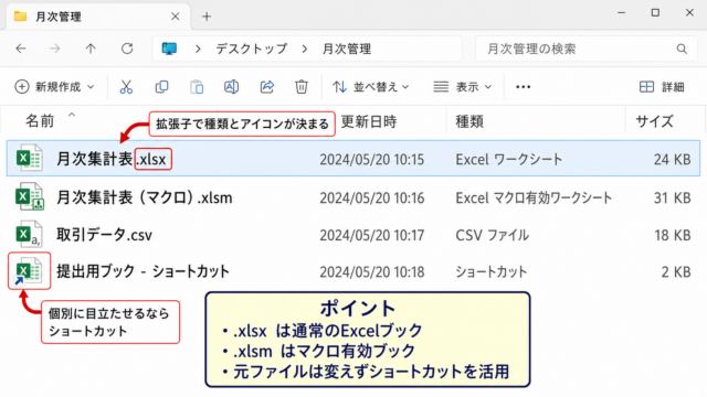 Excelブックのアイコンとファイル形式