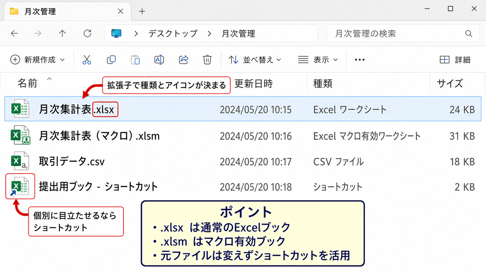 Excelブックのアイコンとファイル形式
