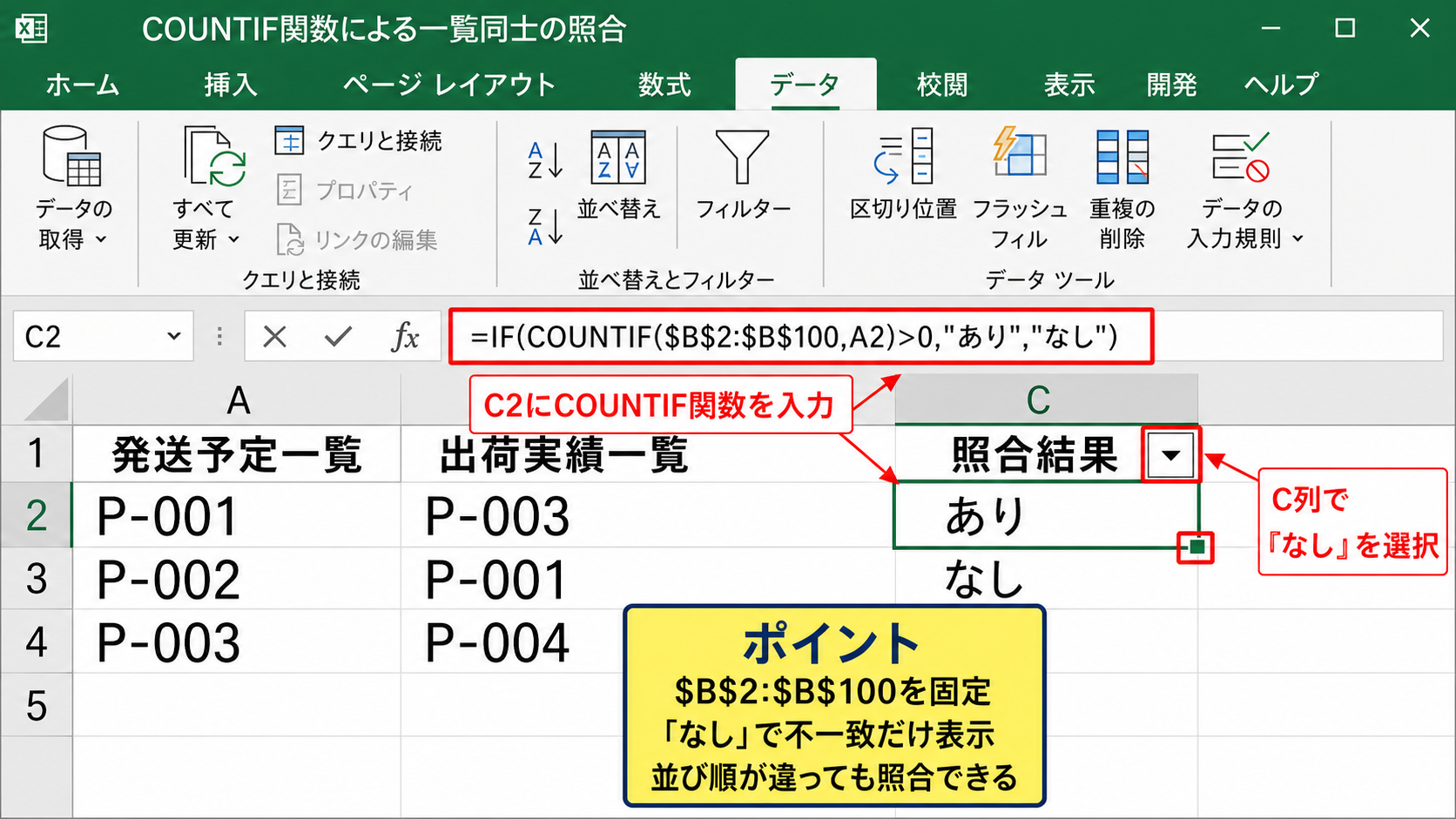 COUNTIF関数による一覧同士の照合