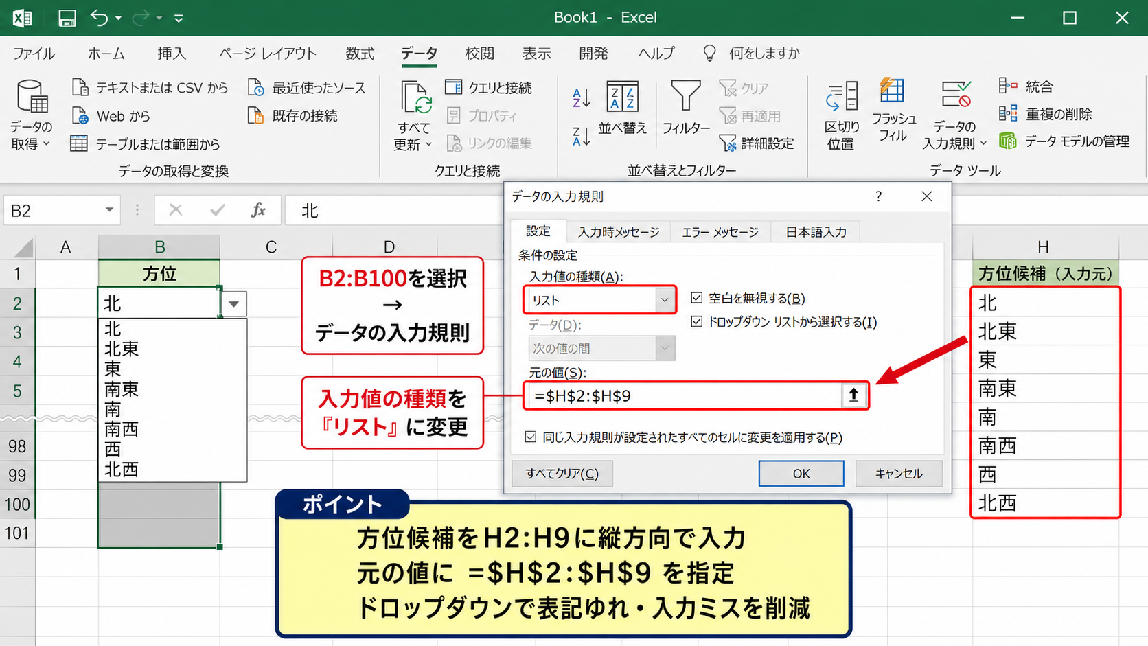 方位を入力しやすくするリスト設定