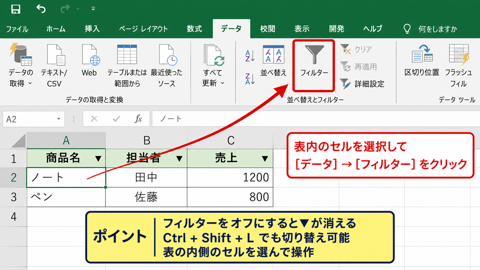 フィルターを解除して逆三角マークを消す手順