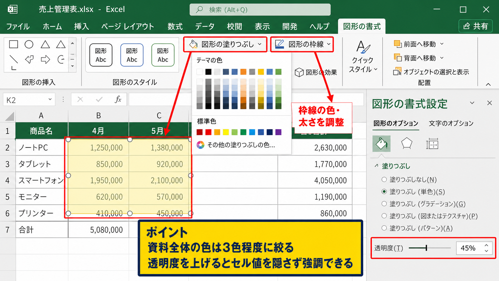 図形の色や枠線を変更する設定