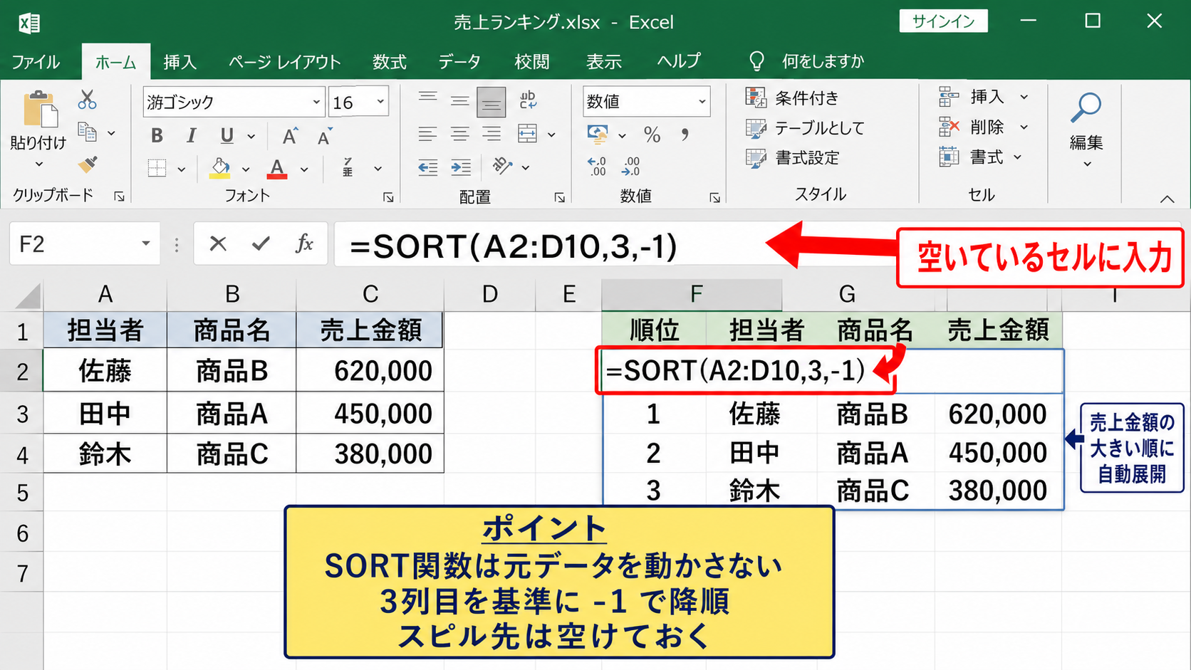 SORT関数によるランキング一覧の作成