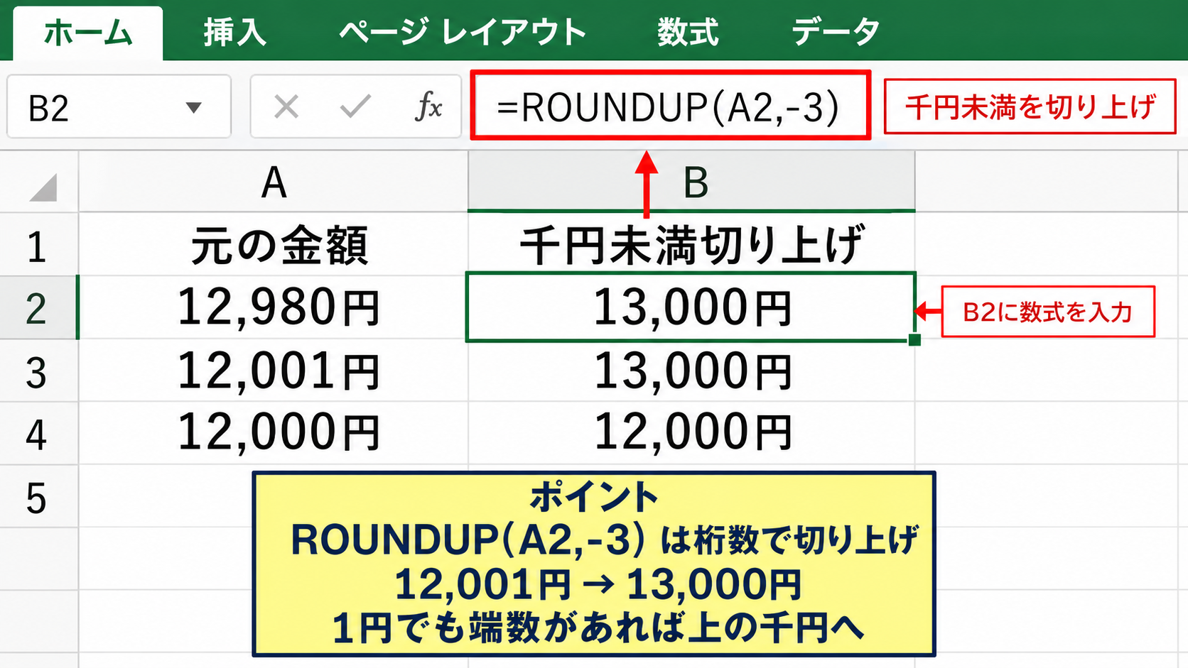 1000円未満を切り上げるROUNDUP関数