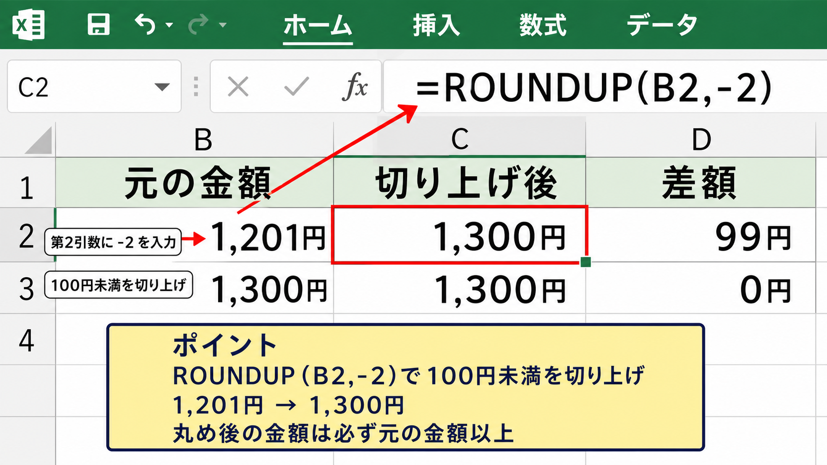 100円未満を切り上げる方法【ROUNDUP関数】