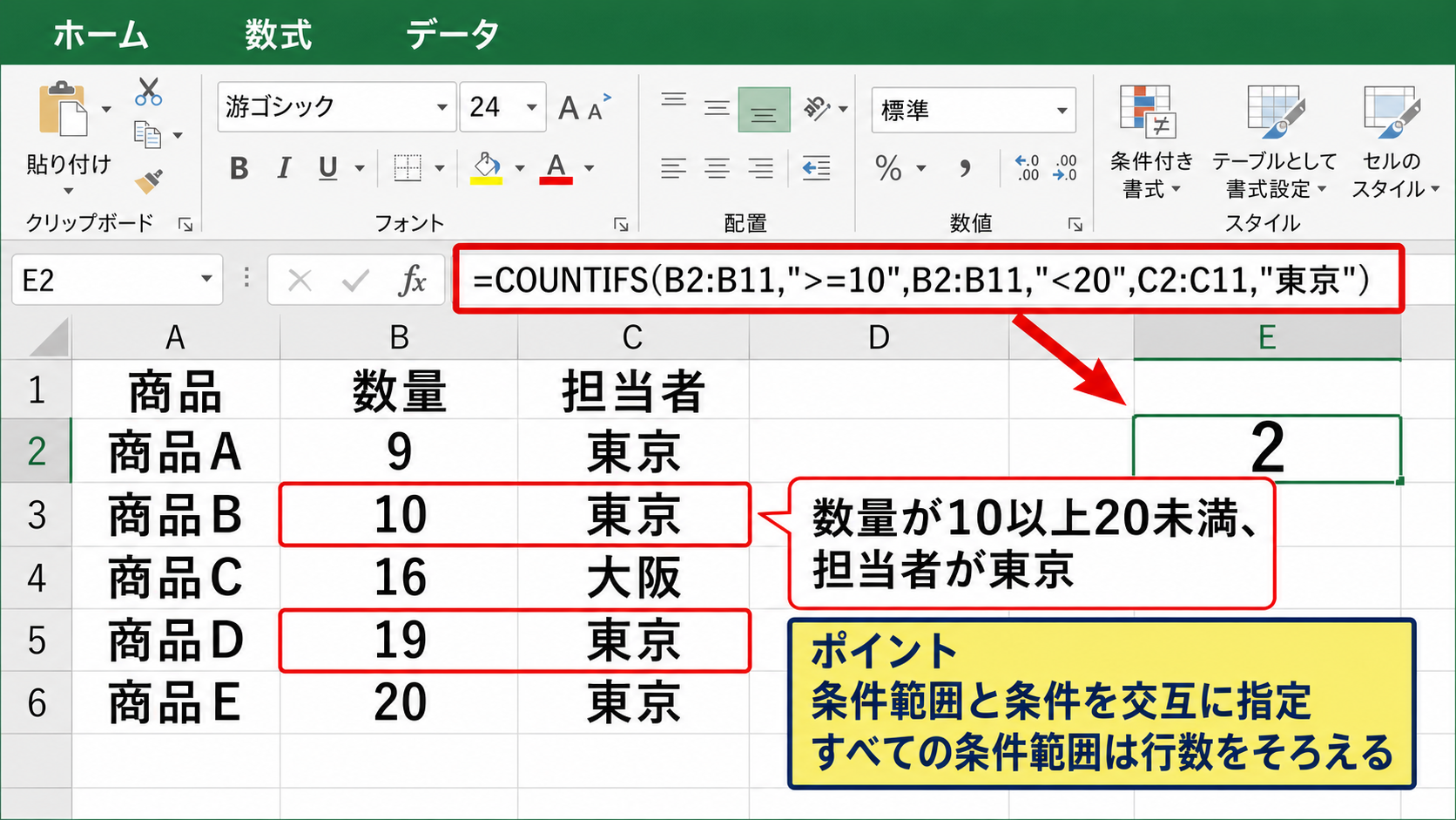 COUNTIFS関数による複数条件の集計【範囲指定の基本】