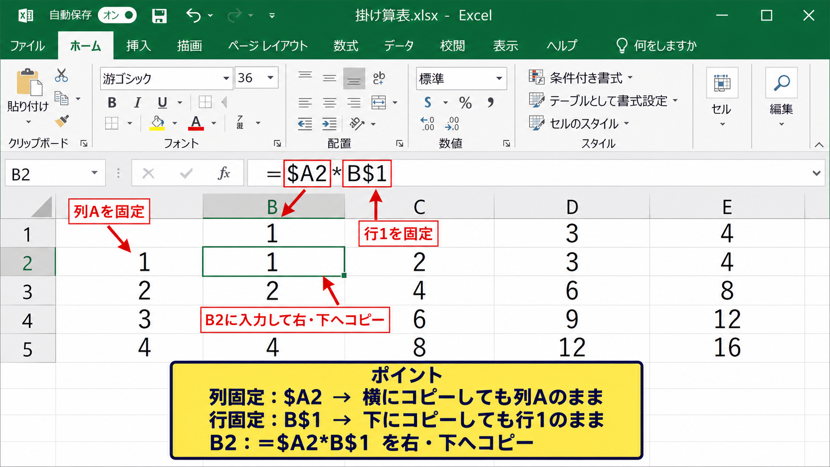 複合参照における列固定と行固定