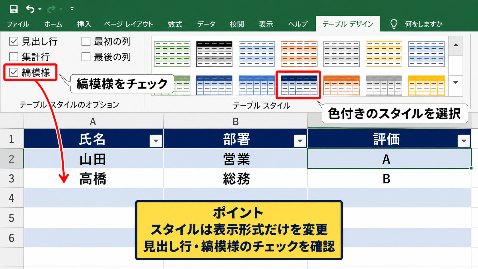 テーブルスタイルとデザイン設定の確認