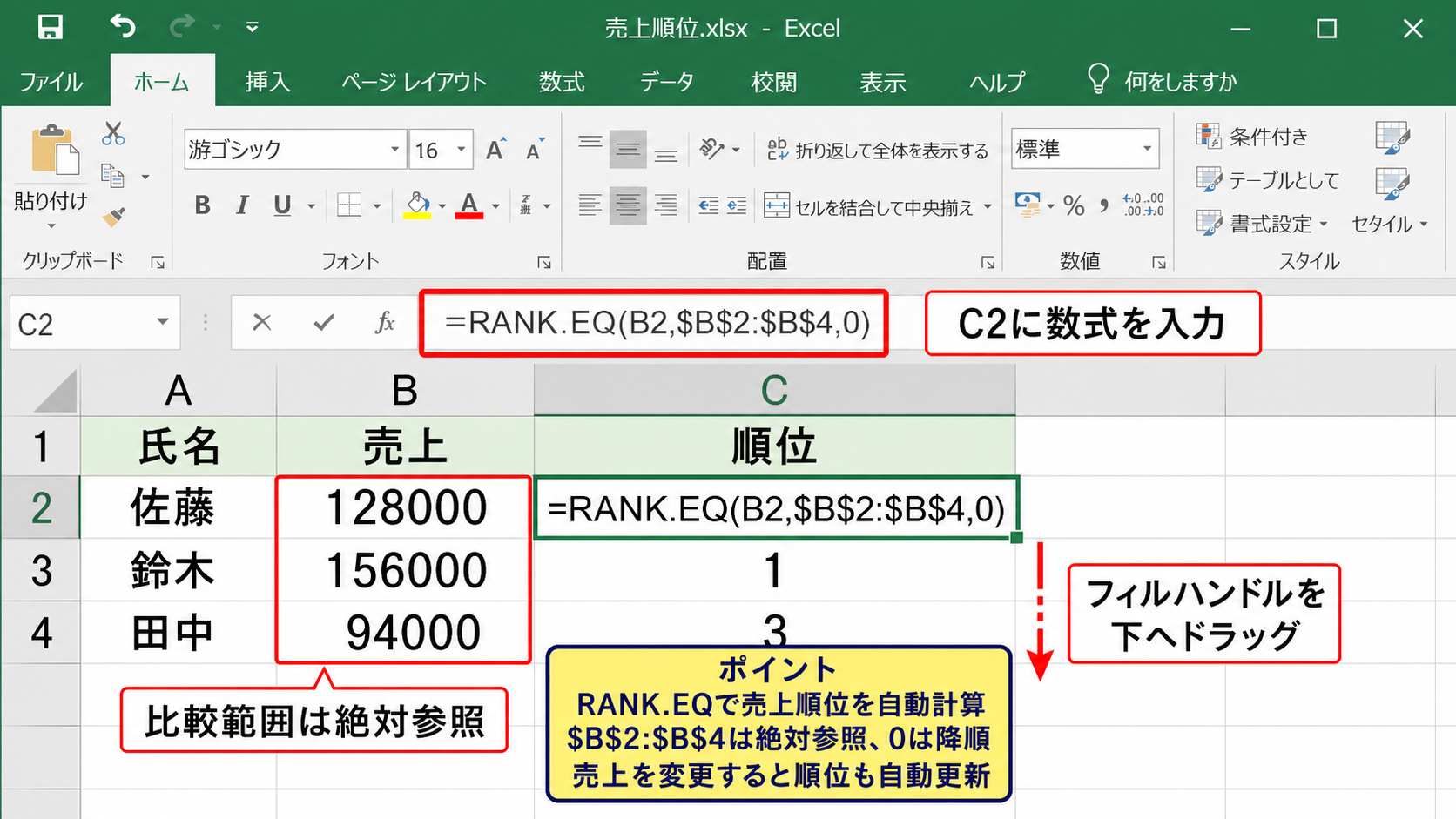 RANK.EQ関数による順位の自動計算