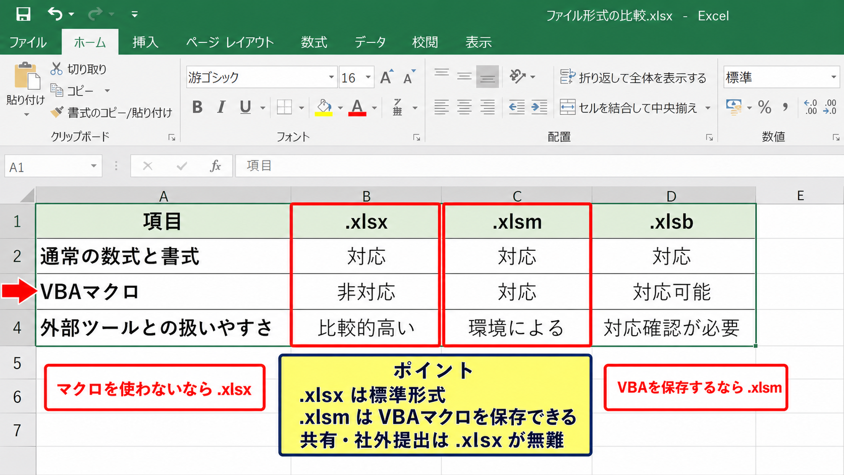 通常形式.xlsxと.xlsmとの違い
