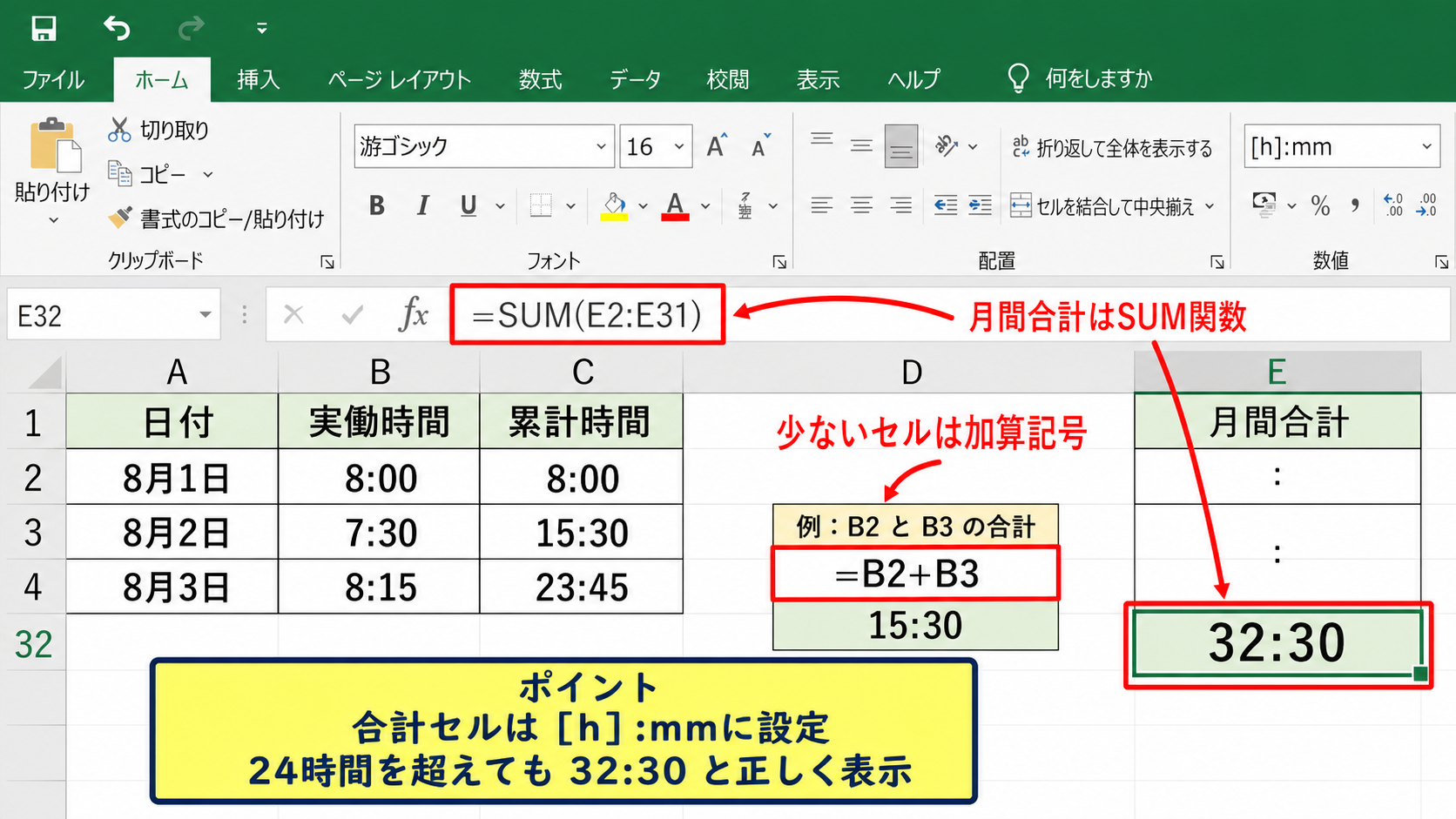 エクセルで時間を足し算して合計する方法